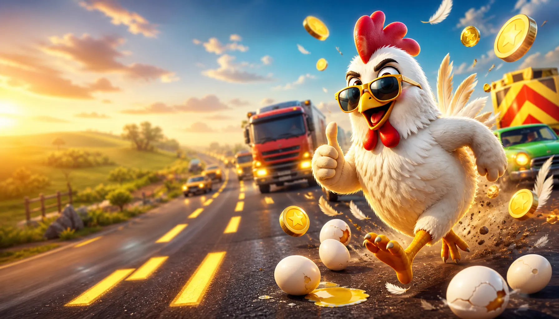 3D game art featuring a confident chicken crossing a busy road filled with traffic, eggs, and golden coins in a dynamic arcad