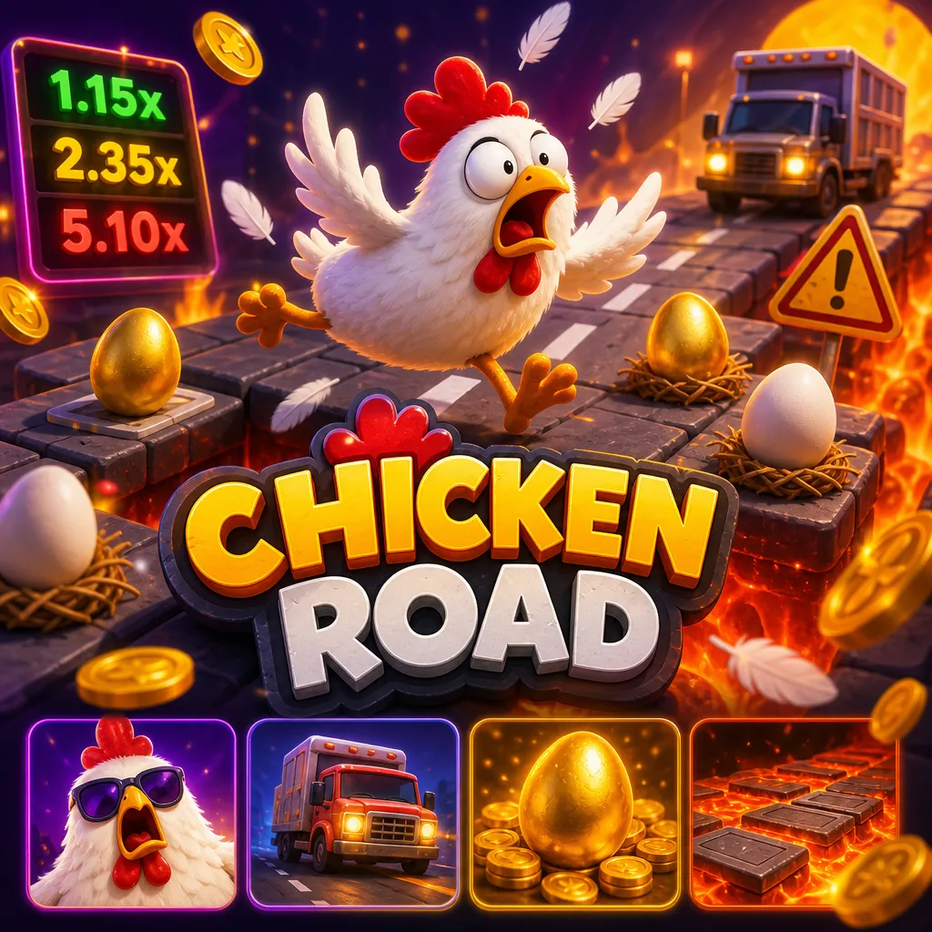 Colorful Chicken Road game promo featuring funny chickens, road lanes, eggs, and coins in a vibrant square layout.
